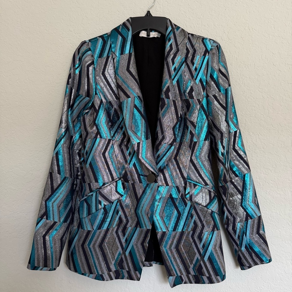 Ramy Brook Blue Silver Metallic Dottie Jacket Size 2 Single Button Blazer Disco